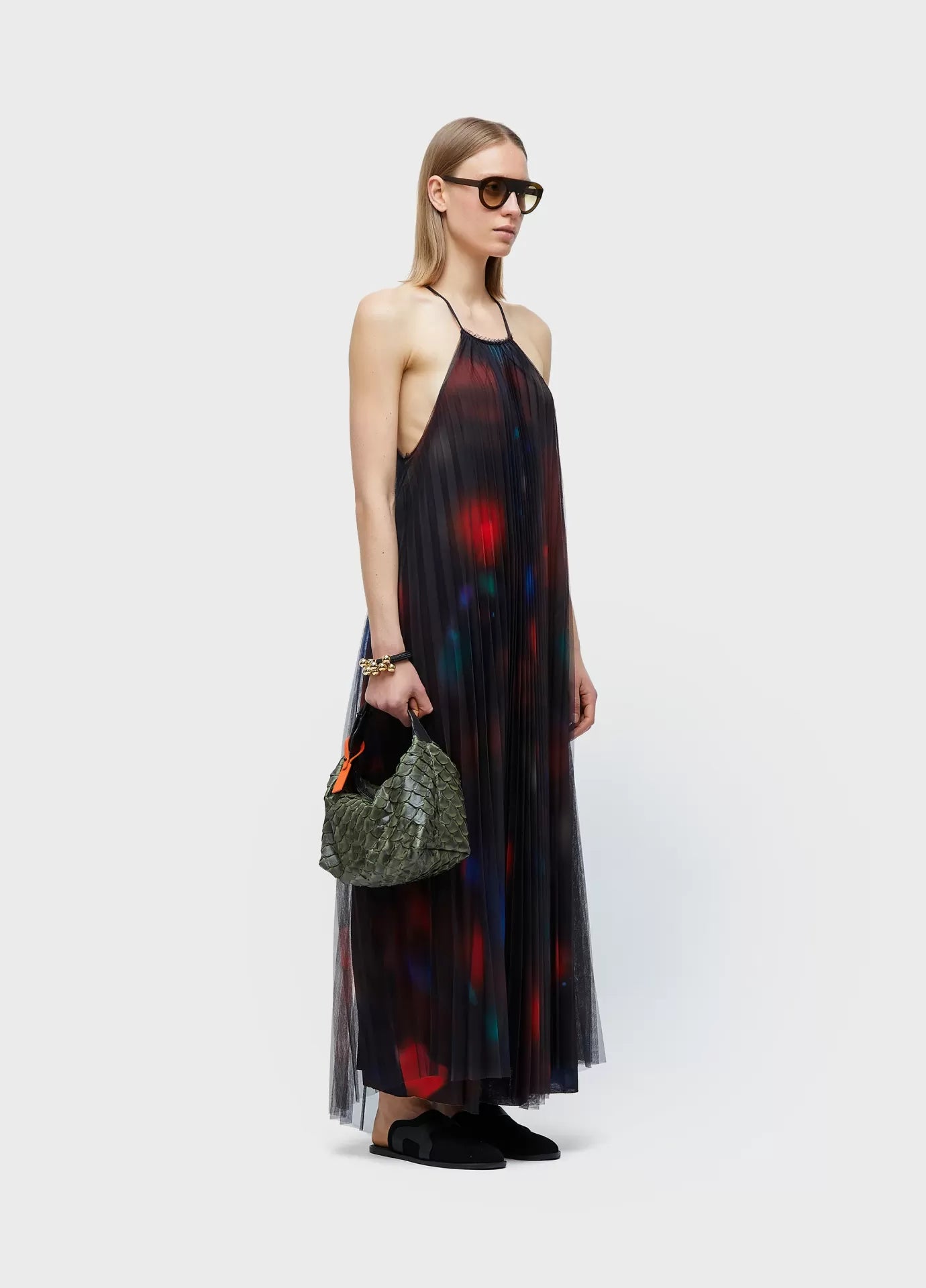 Vestido Longo Tule Plissado Rose Blur Osklen