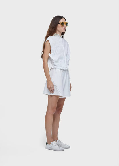 Camisa sleeveless wrinkledd satin + trico