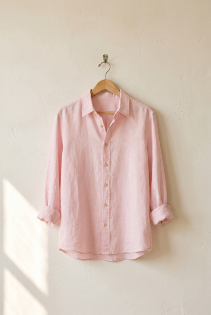 Soft pink washed-linen shirt on a wooden hanger against a warm plaster wall