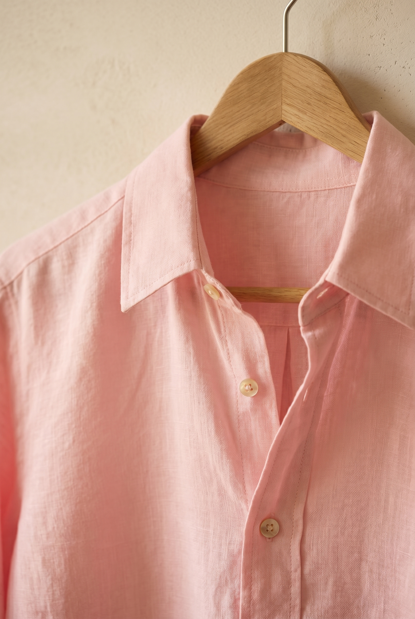 Soft pink linen shirt collar, placket and natural buttons in detail