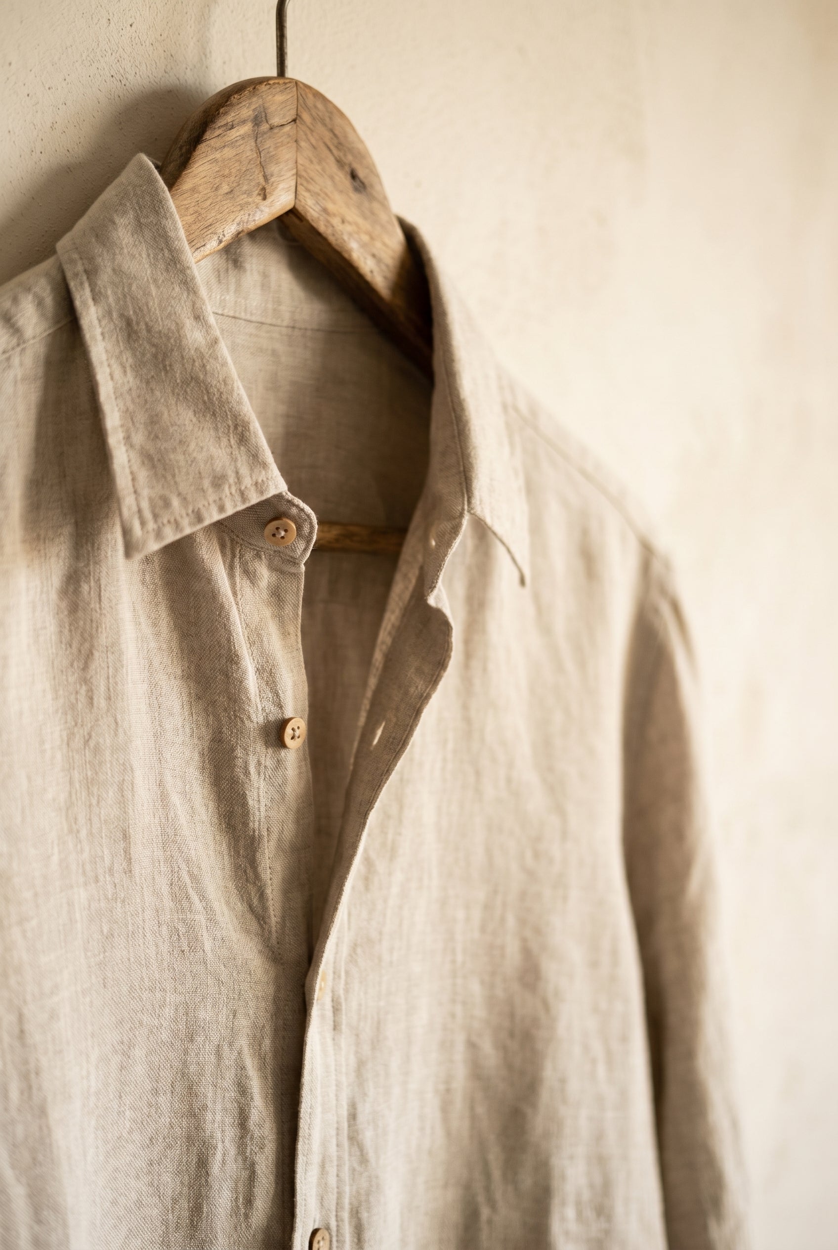 Natural stone linen shirt collar, placket and natural buttons in detail