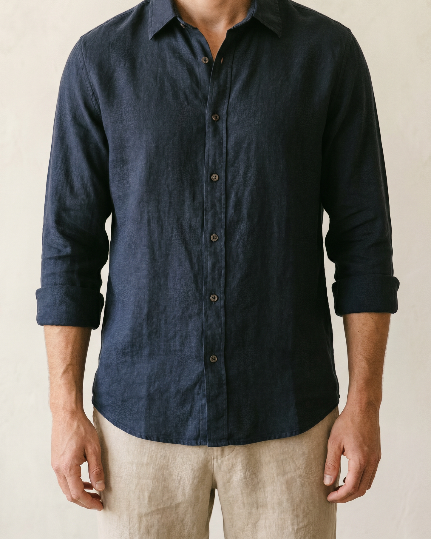 The Linen Shirt 101 in Deep Navy — worn