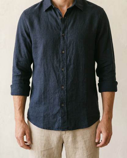 The Linen Shirt 101 in Deep Navy — worn