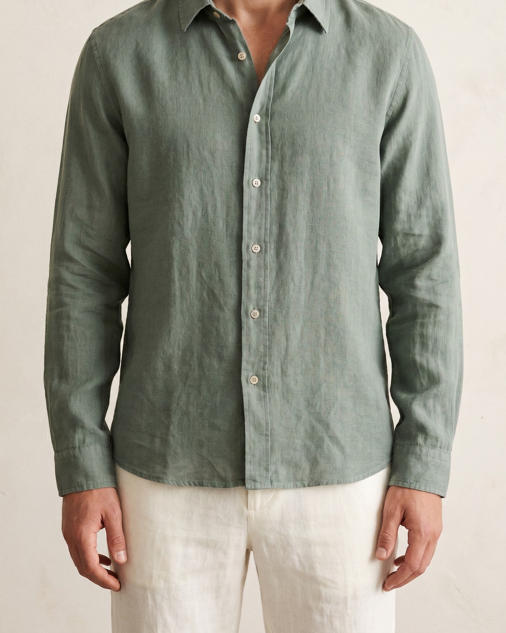 The Linen Shirt 101 in Eucalyptus — worn, relaxed fit
