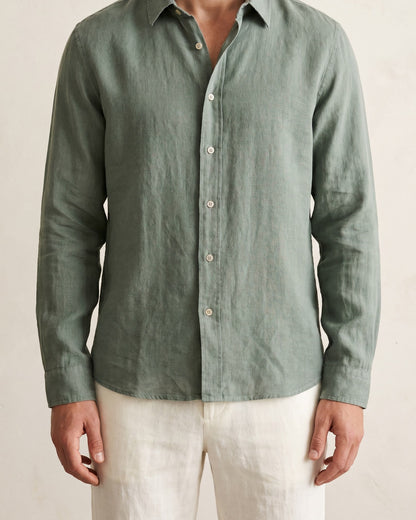 The Linen Shirt 101 in Eucalyptus — worn, relaxed fit